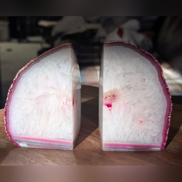 Other - Brazilian Geode Pink White Quartz Agate Polished Bookends Set Dyed Stone Decor